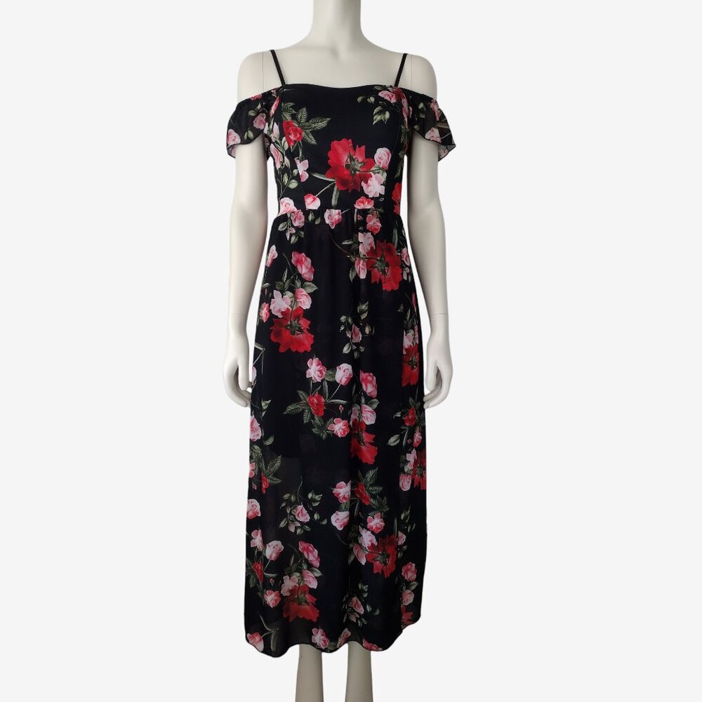 Vintage 1990s Black Floral Off Shoulder Poly Chiffon Front Slit Maxi Dress XS